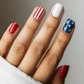 4th of July Press on Nails Short Square Red White Stripe Fake Nails Press ons Acrylic Nail Art Tips Kit Full Cover False Nails Glue on Nails with Star Design for Women Nail Supplies 24Pcs