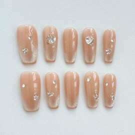 [GLORS] Purly Handmade Long Ballerina Press on Nails | Icy Sheer Nude Ombre Cat Eye Coffin Fake False Nail with Sparkling | Salon Quality Long Ballerina Nail, 10 Pieces (L,LB)