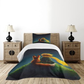 Lunarable Fantasy Bedspread Set, Design Cartoon Character and The Fox Looking at The Sky Pattern Print, 2 Piece Decorative Bedding Coverlet and a Pillow Sham, Twin Size, Fern Green and Dark Blue