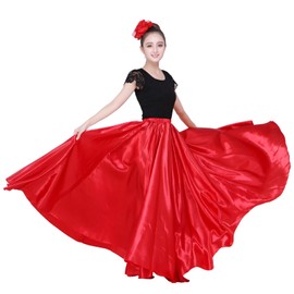 Dance Skirts for Women Satin Full Circle Ankle Length Swing Long Skirt Women Maxi Shiny Skirt for Party Costume Belly Dance, Red, One Size Long