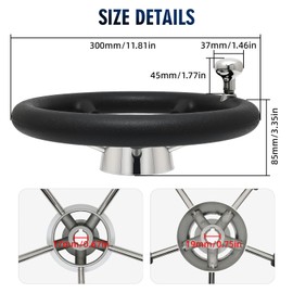 11 inch Boat Steering Wheel Stainless Steel Marine Steering Wheel with Knob fit 3/4 inch Tapered Shaft 5 Spoke Black PU Foam Anti-Slip Destroyer Style for Boats, Yachts, Pontoon Boats