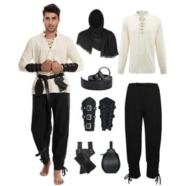 7 Pcs Men's Renaissance Costume Medieval Pirate Shirt Pants Viking Costume Accessories Set (Black, 3X-Large)