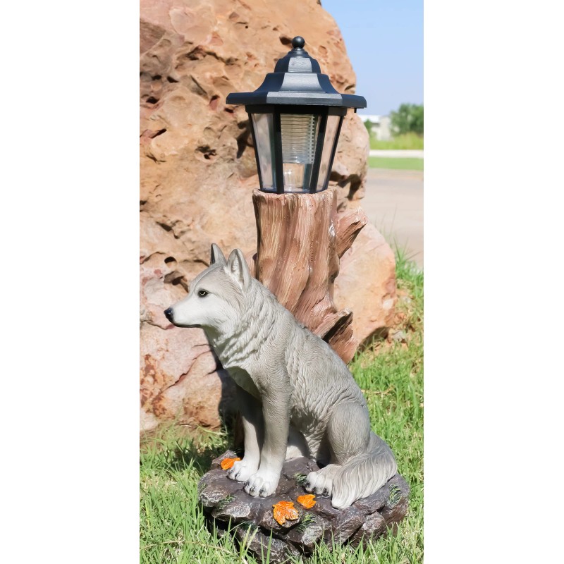 Ebros Gift Woodlands Lone Gray Wolf Greetings Figurine Solar LED