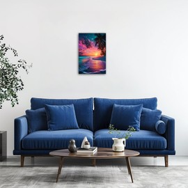 CHAOSETKEN Aurora Landscape Canvas Wall Art Tropical Beach with Palm Trees Painting Aurora Borealis Ocean Landscape Pictures Prints for Home Decor Framed (Purple,18L x 12W)