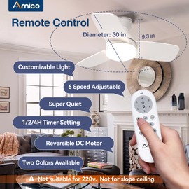 Amico Ceiling Fans with Lights, 30 inch Low Profile Ceiling fan with Light and Remote Control, Flush Mount, Reversible, 3CCT, Dimmable, Noiseless, White Ceiling Fan for Bedroom, Indoor/Outdoor Use