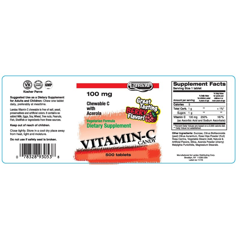 Landau Vitamin C Chewable 100 Mg, Great Tasting, 500 Chewable