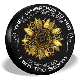 GENANY Sunflower She Whispered Back I am The Storm Size 15 Premium PVC Leather Spare Tire Cover, Universal Fit for RV Jeep Camper Trailer, Dustproof, Waterproof Jeep Tire Cover with No Camera Hole