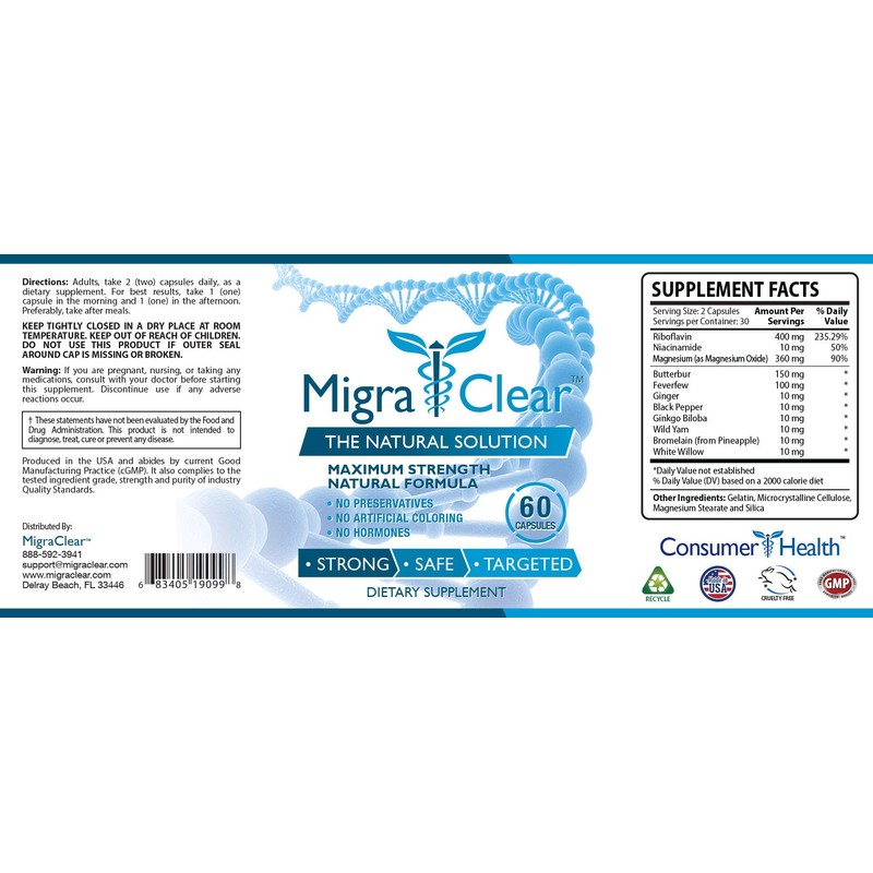 MigraClear - All Natural Migraine Support - Magnesium, Ginkgo Biloba,