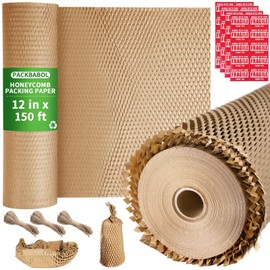Packbabol Honeycomb Packing Paper 12 inch x 150ft Bubble Cushioning Wrap for Packing Moving Recyclable Honeycomb Paper Moving Supplies Bubble Paper Wrapping Roll, With 40 Fragile Sticker Labels