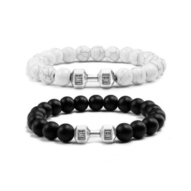 POYAMUSE Dumbbell Charm Beaded Bracelet - Lava Rock Stones Beads Strand Bracelet - Go to Gym Decoration Jewelry (Black White)