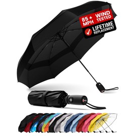 Windproof Travel Umbrella - Compact & Withstands Winds up to 85MPH, Strongest Premium Auto Folding Umbrella for Rain and Sun - Durable, Light & Portable for Women & Men, Fits Backpack & Cars