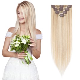 Clip in Hair Extensions Real Human Hair Ash Blonde mix Bleach Blonde Hair Extensions Clip in 8PCS, 08 Inch 45g Real Remy Hair Seamless Thin Weft Clip Hair Extension Clip in Human Hair Extensions