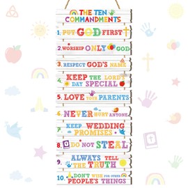FYSUIMU Christian Ten Commandments Wall Decor Motivational Colorful Bible Verse Wooden Hanging Sign Inspirational Door Hanger Plaque Ornament for Church Sunday School Classroom Home Wall Decor