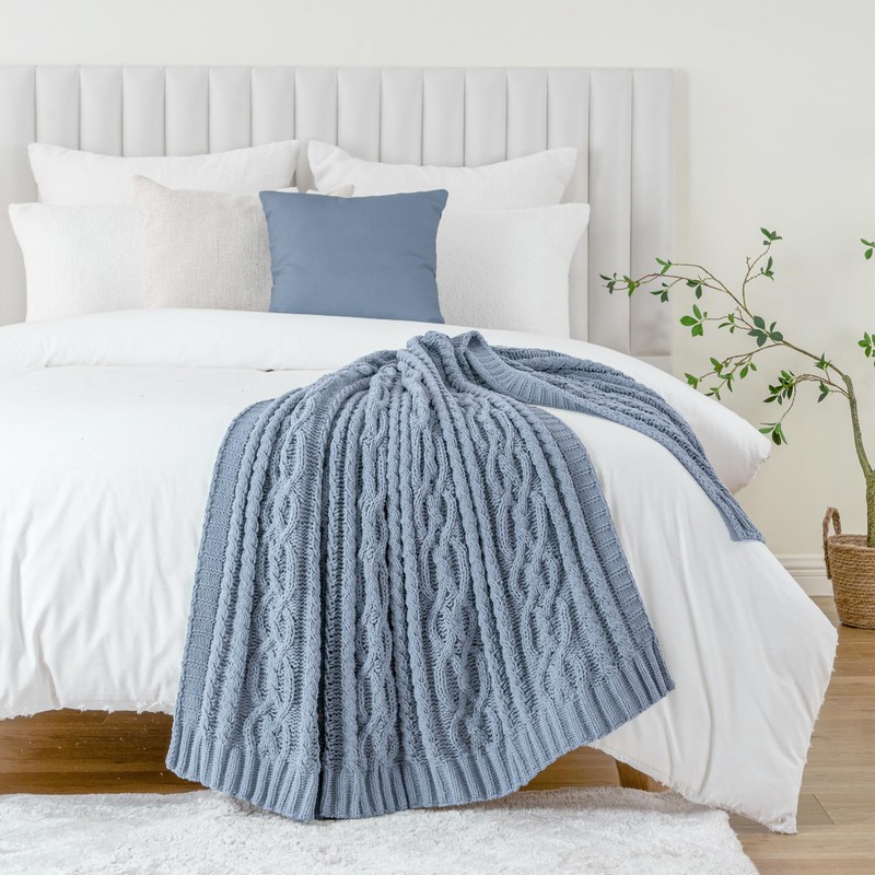 Battilo Bluish Grey Throw Blanket for Couch, Woven Chenille Blue