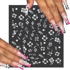 MUIIGOOD Flower Nail Stickers 5 Sheets Hibiscus Nail Decals White Pink Golden Clear Silver Decals Nail Art Decorations Nail Decals Nail Art Supplies Nail Designs for Women Manicure Tips