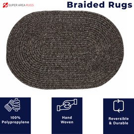 Indoor Outdoor Braided Rug Kitchen/Living Room Reversible Washable Area Rug Gray Black Mix, 7 x 9 Feet Oval