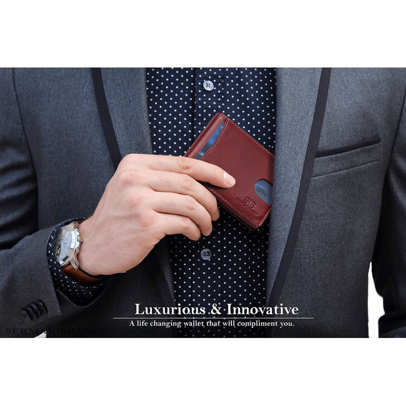 SERMAN BRANDS RFID Blocking Slim Bifold Genuine Leather Minimalist Front