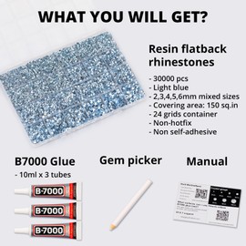 30000Pcs Resin Rhinestones Set for Crafting Bedazzling, Light Blue Flatback Gems Jewels for Crafts Clothes Shoes Fabric Outfit Nails Makeup, Flat Back Crystal 2-6mm with b 7000 Glue