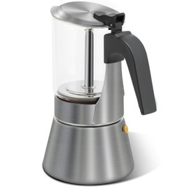 Grasseed Crystal Glass-Top Moka Pot, Brushed Stainless Steel Stovetop Espresso Maker for Italian Coffee - 6 Cup/240ml/8.4oz
