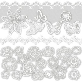 Vintage White Flower Decorative Paper Scrapbooking Paper Pack Aesthetic Paper with Lace Ribbon Embroidered Applique of Butterfly Flower Leaf for Junk Journal Diary Planner Art Supplies Kit (Purity)