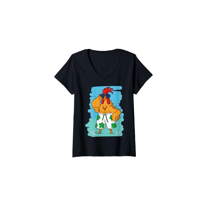 Womens Cartoon Chicken Character In Shorts For Kids V-Neck T-Shirt
