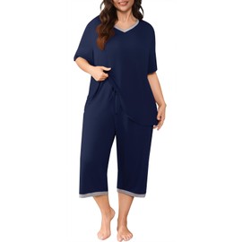 POSESHE Womens Plus Size Maternity Pajamas Sets Plus Size Pjs for Women Plus size Sleepwear Outfits with Pocket,Navy Blue,3XL