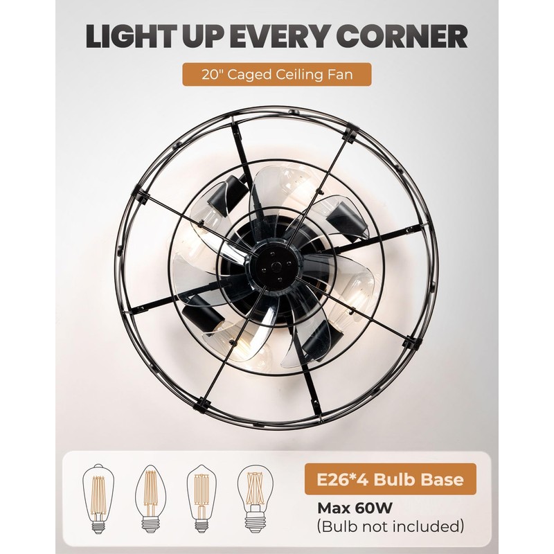 Sewterolyn Ceiling Fans with Lights and Remote, 20 inch Industrial