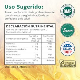 Aceite de Semilla Negra | Nigella Sativa prensado en frío produciendo aceite puro de semilla de comino negro con vitamina E | Suplemento Antioxidante | Vegano, Sin Gluten y Sin Transgénicos | 240 ml