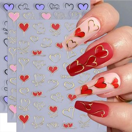 Heart Nail Stickers Decals Valentines Nail Stickers Metallic Heart Nail Art Stickers Red Pink Purple Nail Designs for Nail Art Valentine Nail Art Stickers Slider Manicure Accessories for Women 6PCS