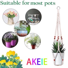 Macrame Hanging Planter Holder Ceiling Plant Hanger 35'' Indoor Outdoor Hanging Plant Rope Boho Handmade Plant Cotton Rope with Beads and 2 Hooks for Home Balcony Decor, Fit Max 12'' Flower Pot Ivory