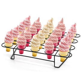 Kingrol 20-Cavity Ice Cream Cone Holder Rack - Metal Waffle Cone Display Stand for Display, Dessert Table, and Party Treats, 16.25"x12.5", Black