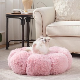 SunStyle Home Calming Medium Dog Bed - 27 inches Donut Round Fluffy Faux Fur Plush Pet Bed, Non-Slip Cute Flower Cat Beds for Indoor Cats,Fits up to 35 lbs, Pink