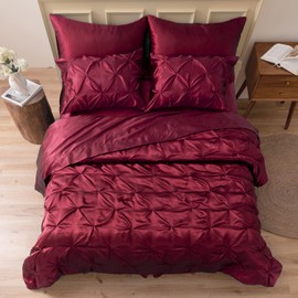 MR&HM Satin Comforter King 7 Pieces - Luxurious Pinch Pleat Bedding Set with Comforter, Flat Sheet, Fitted Sheet, Pillowcases & Shams, Super Silky Soft Bed Set for All Season (King, Burgundy)