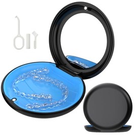 VCAREU Retainer Case with Mirror, Slim Aligner Case Compatible with Invisalign, Cute Retainer Case with Silicone Pad, Mouth Guard Case with Retainer Removal Tool, Chewy and Brush, Black