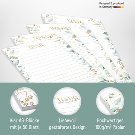 paper&you® 4 Pads DIN A6: To-Do Listen Pad, Shopping List, Weekly Planner & Notepad "Gold Leaf" 4 x 50 Pages - Sustainable & Climate Friendly