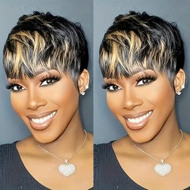 Pelucas Pixie de cabello humano para mujeres negras Pelucas cortas para mujeres Color 1b/30 Peluca corta en capas sin pegamento con corte pixie de cab
