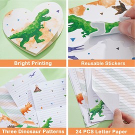 WERNNSAI Watercolor Dinosaur Paper and Envelopes Set - 69 PCS Stationery Paper for Kids Boys Christmas Birthday Gifts Stationery Letter Writing Set Envelopes Cards Stickers Ballpoint Pen Gift Box
