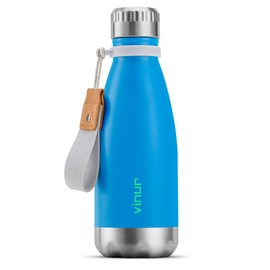 VINUR 12 oz Small Water Bottle-Reusable Stainless Steel Vacuum Insulated Water Bottle for Kids School-Cola Shape Leak Proof Travel Flask with Carry Rope(Sky Blue)