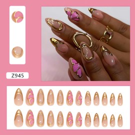 Almond Gold Press on Nails Short 3D Fake Nails with Floral Design Spring Flower False Nails Gold French Tip Nails Glossy Gel Acrylic Nails Cute Glue on Nails Cherry Stick on Nails for Women 24Pcs