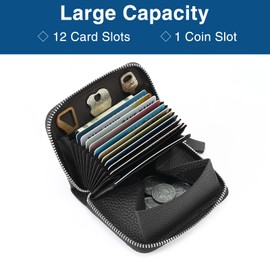 GOIACII Women's Leather Credit Card Holder, RFID Protection, Small Wallet with Many Compartments and Coin Compartment, Small Large Capacity Card Holder for Women, A-Black, Classic