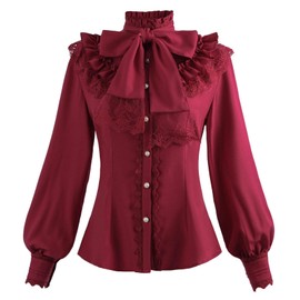 Nuoqi Victorian Blouse Women Goth Shirt Steampunk Victorian Shirt Vintage Blouse Top Red 3XL