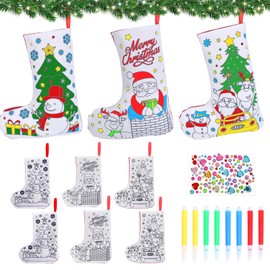HONMOK Christmas Crafts for Kids, 6 Pack Christmas Stockings with Colour Pen, Santa Snowman Stockings, Christmas Tree Ornaments, Make Your Own Xmas Craft, Xmas Hanging Decorations for Home Mantle