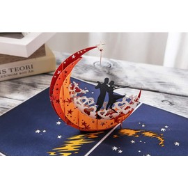 NLR 3D Pop-up Greeting Card # Lovers Dance on Moon Boat | Best for Anniversary, Valentine's Day, Birthday, Wedding Ceremony... (Red)