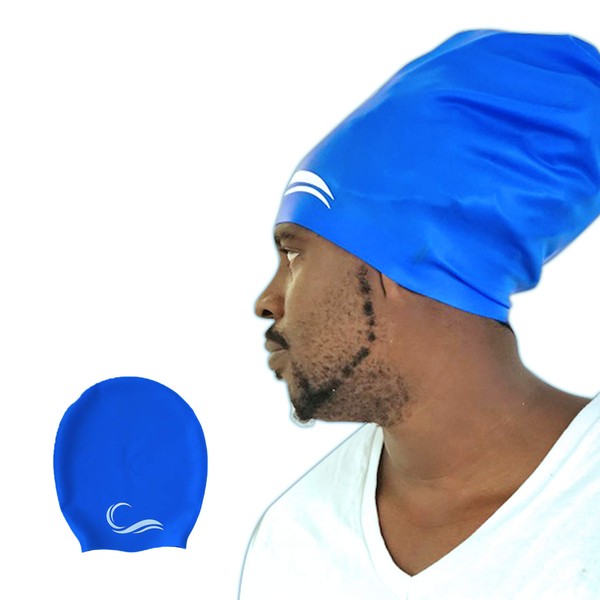 Long Hair Dreadlock Swim Cap – Silicone Swimming XL Cap - Waterproof Blue Large