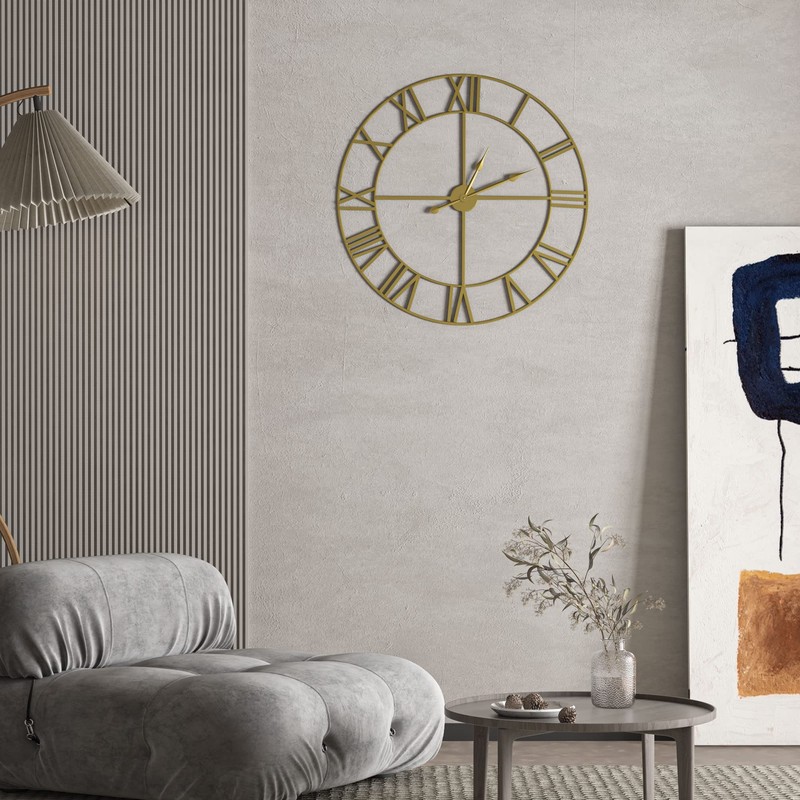 LEIKE Large Modern Wall Clocks,18" Gold Metal,Rustic,Round,Silent Non Ticking,Battery Operated