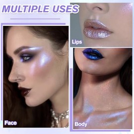 Paleta de maquillaje resaltador, nueva fórmula de larga duración, brillo deslumbrante azul-morado, base transparente, ideal para contorno de cara y cu