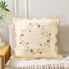vctops Set of 2 Cotton Quilted Embroidered Decorative Square Throw Pillow Covers with Scalloped Floral Soft Cushion Case for Couch Sofa Bed (Flower D,18"x18")