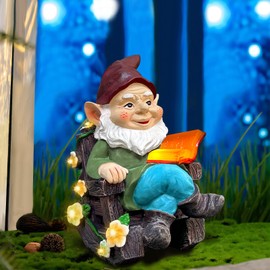 Solar Garden Gnome Statues Outdoor - Fairy Rocking Chair Gnomes Reading Book Succulents Figurines Lights Yard Art Sculpture Home Decor for Outside Patio Balcony Lawn, Ideal Birthday Housewarming Gifts
