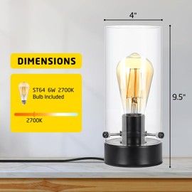 Kukobo Bedside Table Lamp for Bedroom, Black Modern Nightstand Lamp with Glass Lamp Shape, 2700K 6W Glass Bulb Included