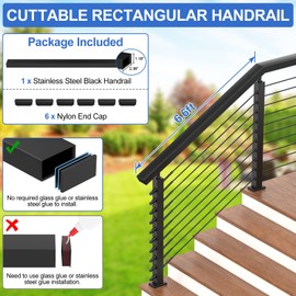 PLANTOP 6'6'' Stainless Steel Rectangular Handrail, Cuttable Cable Railing Handrails System, Black Flat Top Rail with Nylon End Caps for Indoor Outdoor Deck Stair, MY01